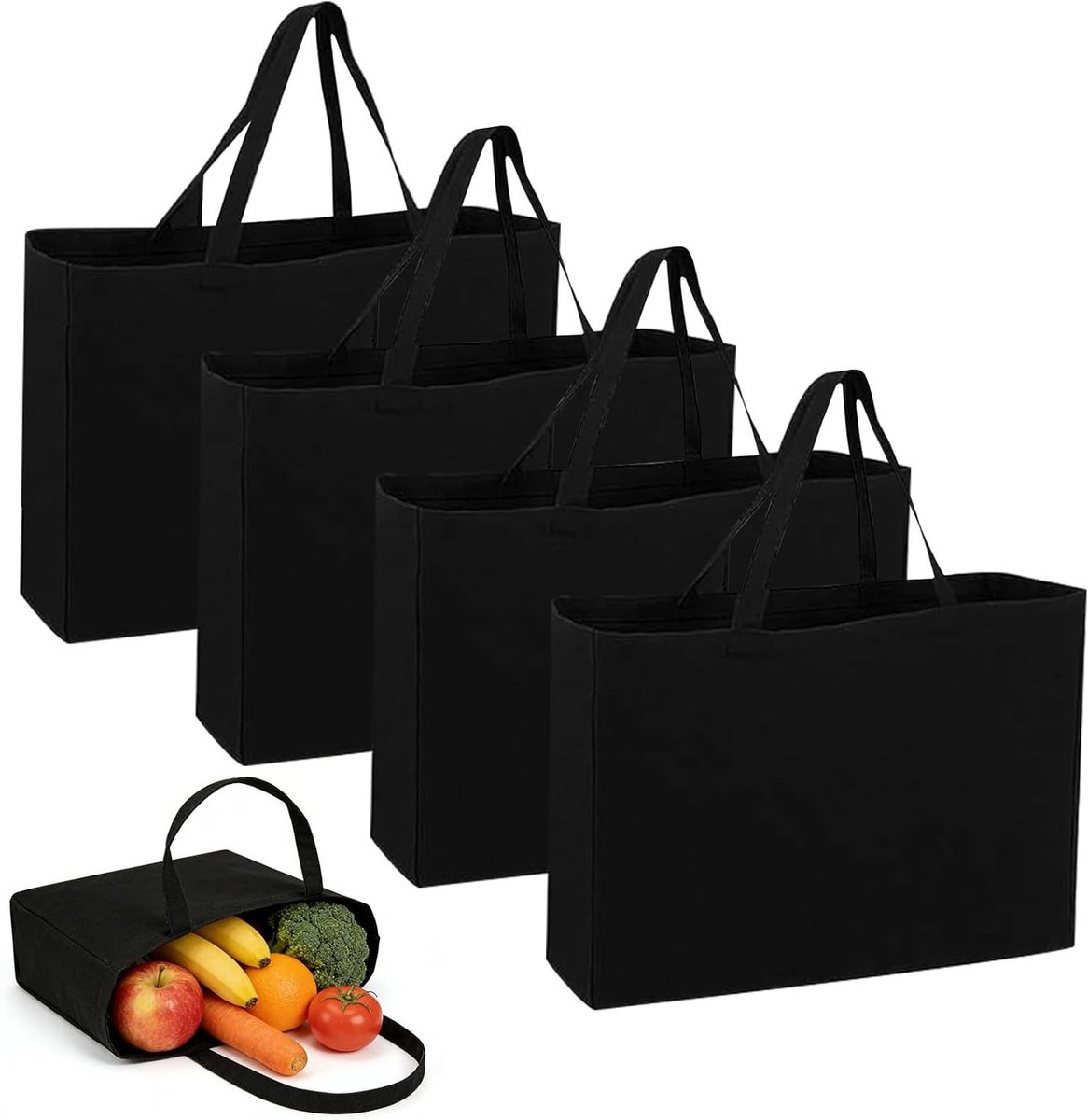 Set van 4 Herbruikbare Stoffen Tassen 45 x 38 cm - Grote Zwarte Katoenen Tas, Jute Tas voor Verf, Boodschappen en Sportactiviteiten