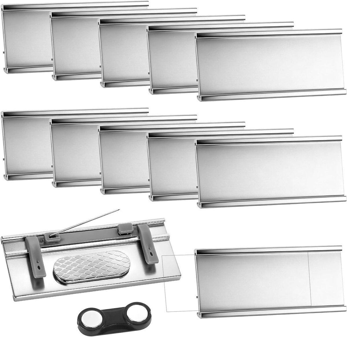 10 stuks Kleding Naamlabels, 72 x 31mm Aluminium Naamlabels met Sterke Dubbele Magneet, Ideaal voor Kleding en Accessoires