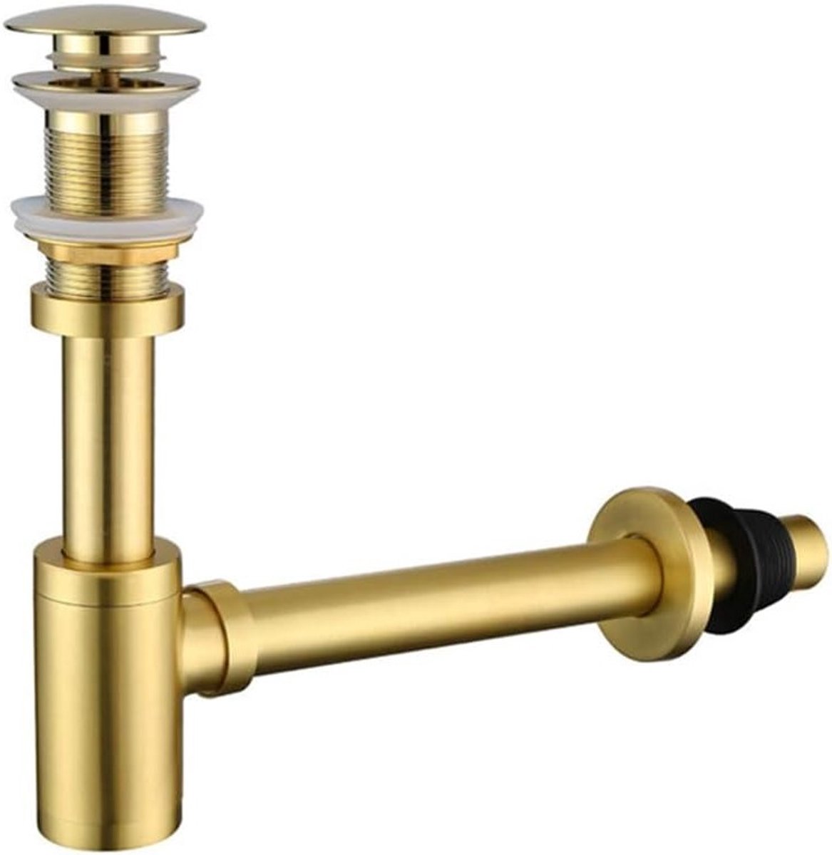Complete P-Trap set voor wastafel met roestvrijstalen stop en zonder overloop, ideaal voor keuken en badkamer, brushed gold afwerking