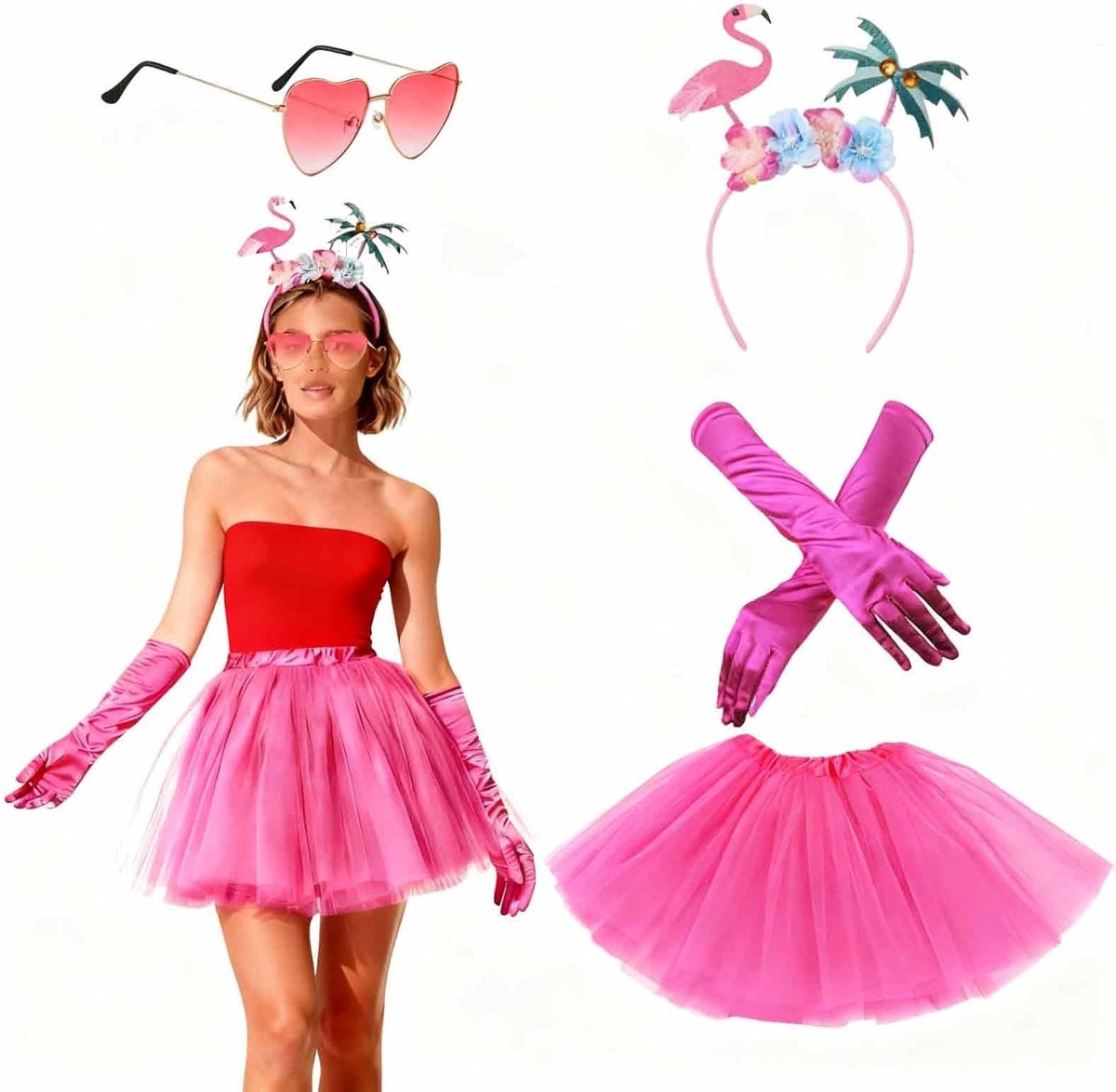 Flamingo kostuum voor dames - 4-delig tutu set met rok van 40 cm - feestoutfit en accessoires voor carnaval en themafeesten