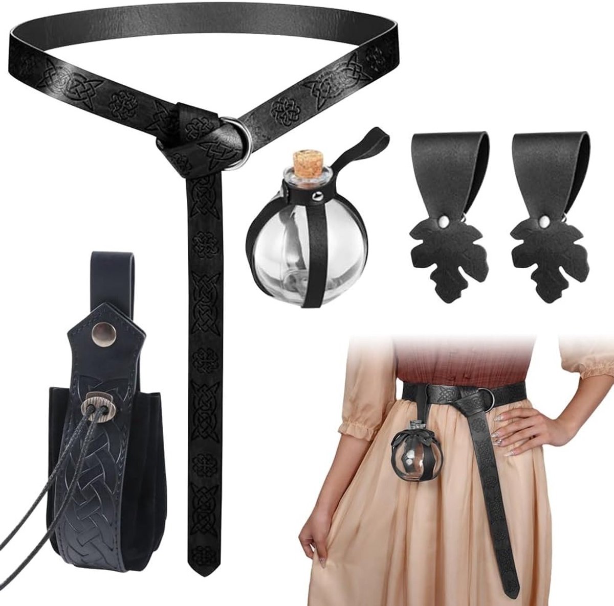 5 Sets Renaissance Kostuums met Middeleeuwse Faux Leren Tas, Riem en Retro Scandinavische Heuptas