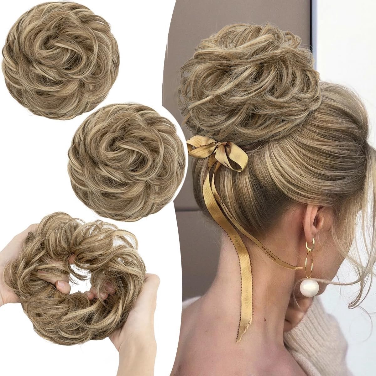 SnelShoppen - Grote Bun Haarstuk met Elastische Band, Krullend Haar, Haarextensions voor Vrouwen en Meisjes, Messy Bun Scrunchies, Bruin Mix Strandblo