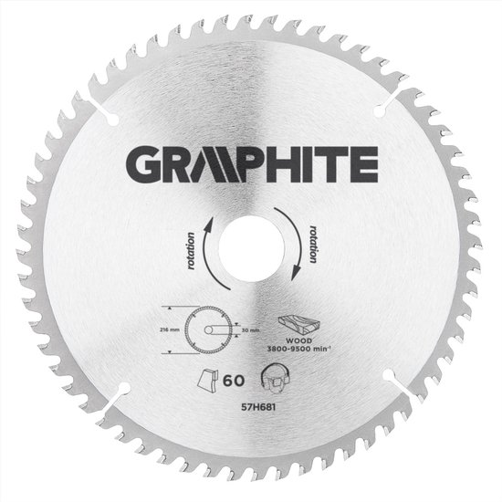 Cirkelzaagblad van Graphite, 216mm diameter, 60 tanden, 30mm asgat, voor hout, 3800-9500 min⁻¹.