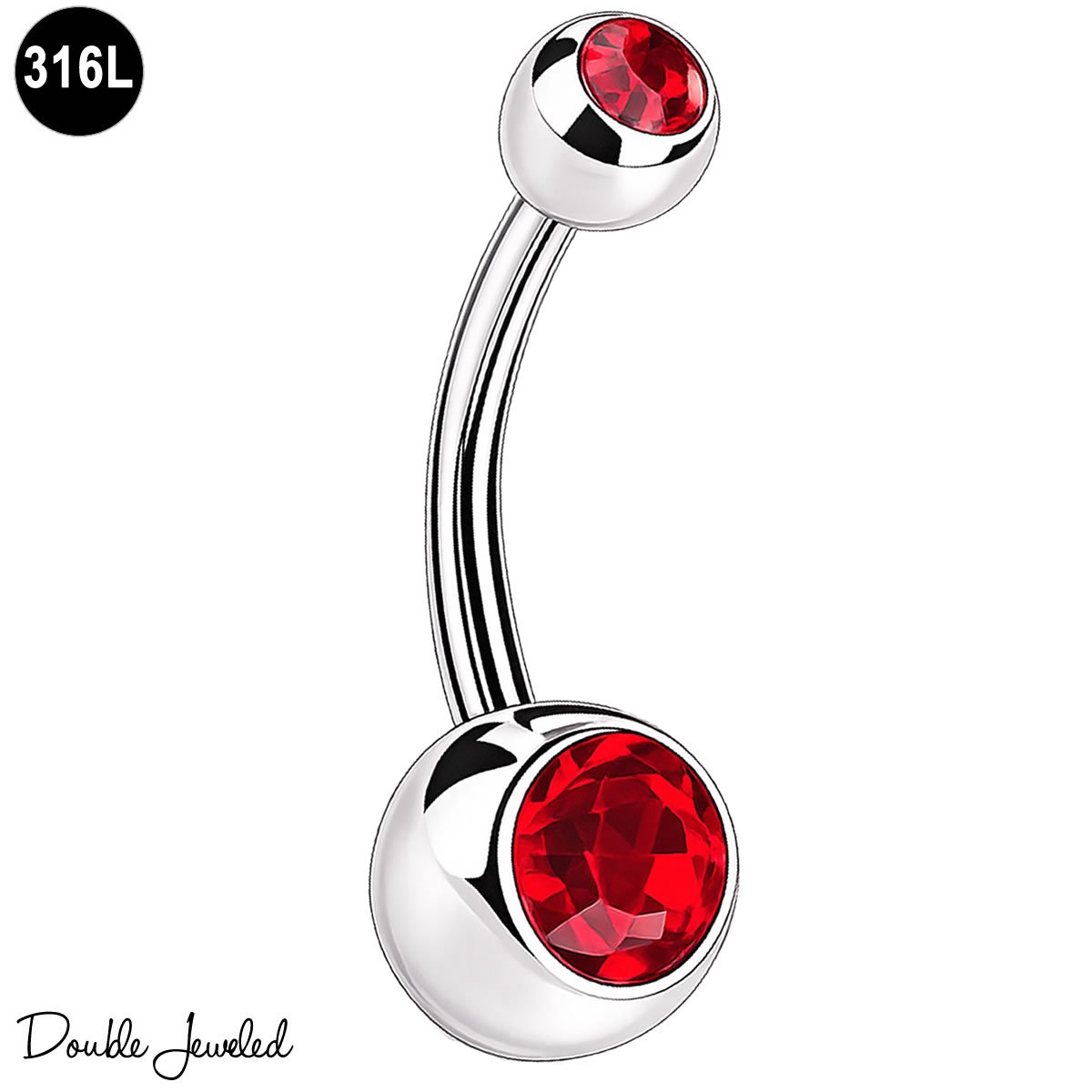 Navelpiercing Rood – Navel Piercing 316L Chirurgisch Staal – Belly Button Piercing – Banana Barbell 1.6mm – Double Jeweled – Buikpiercing Dames