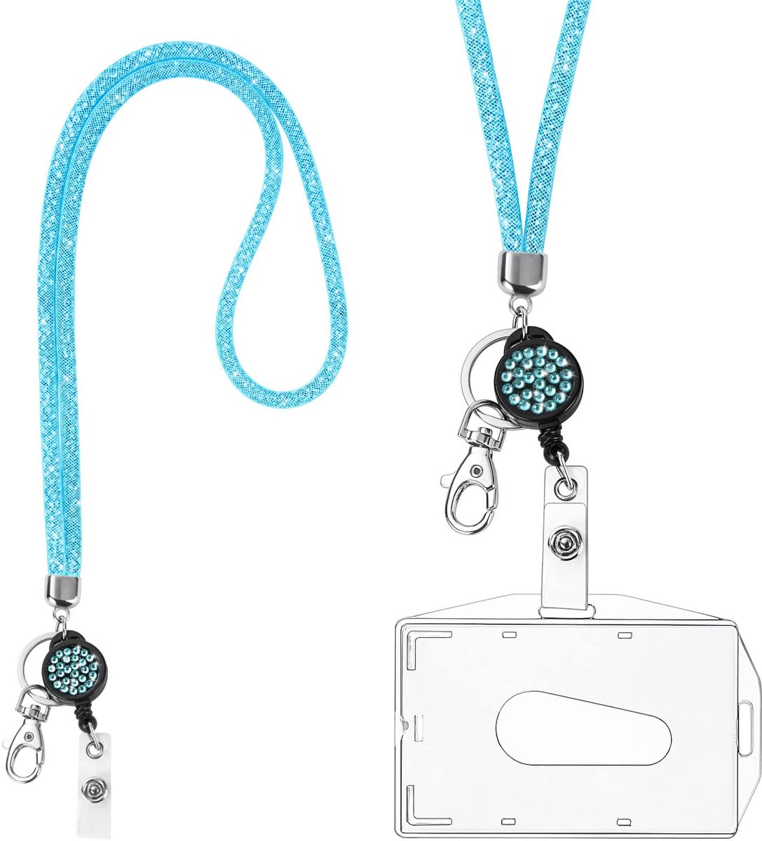 carmdering - Lanyard Met Kartenhalter - Uitbreidbaar ID Kaart Etui - Funkelend Strass Design - Uitschuifbare Sleutelclip - Duurzaam PS Materiaal - Horizontaal En Verticaal Draagbaar - Ideaal Voor Werk En School - 1 Stuks - blauw