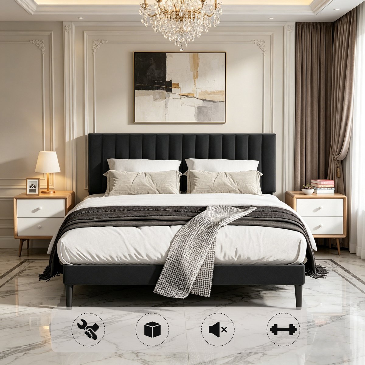 KUTAS Tweepersoonsbed met Gestoffeerd Hoofdbord - Metalen Bedframe - 140x200 cm - Platform Bedframe met Houten Latten - Modern & Stevig - Zwart - Draagkracht 480 kg