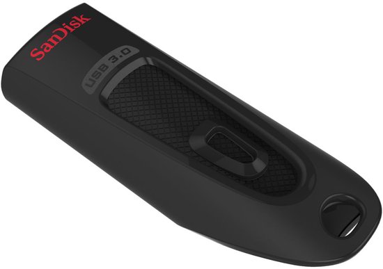 Zwarte SanDisk Cruzer Ultra USB 3.0 stick van 32GB, schuin van de zijkant gezien, met gestructureerd grip-gedeelte en sleutelhangergat.