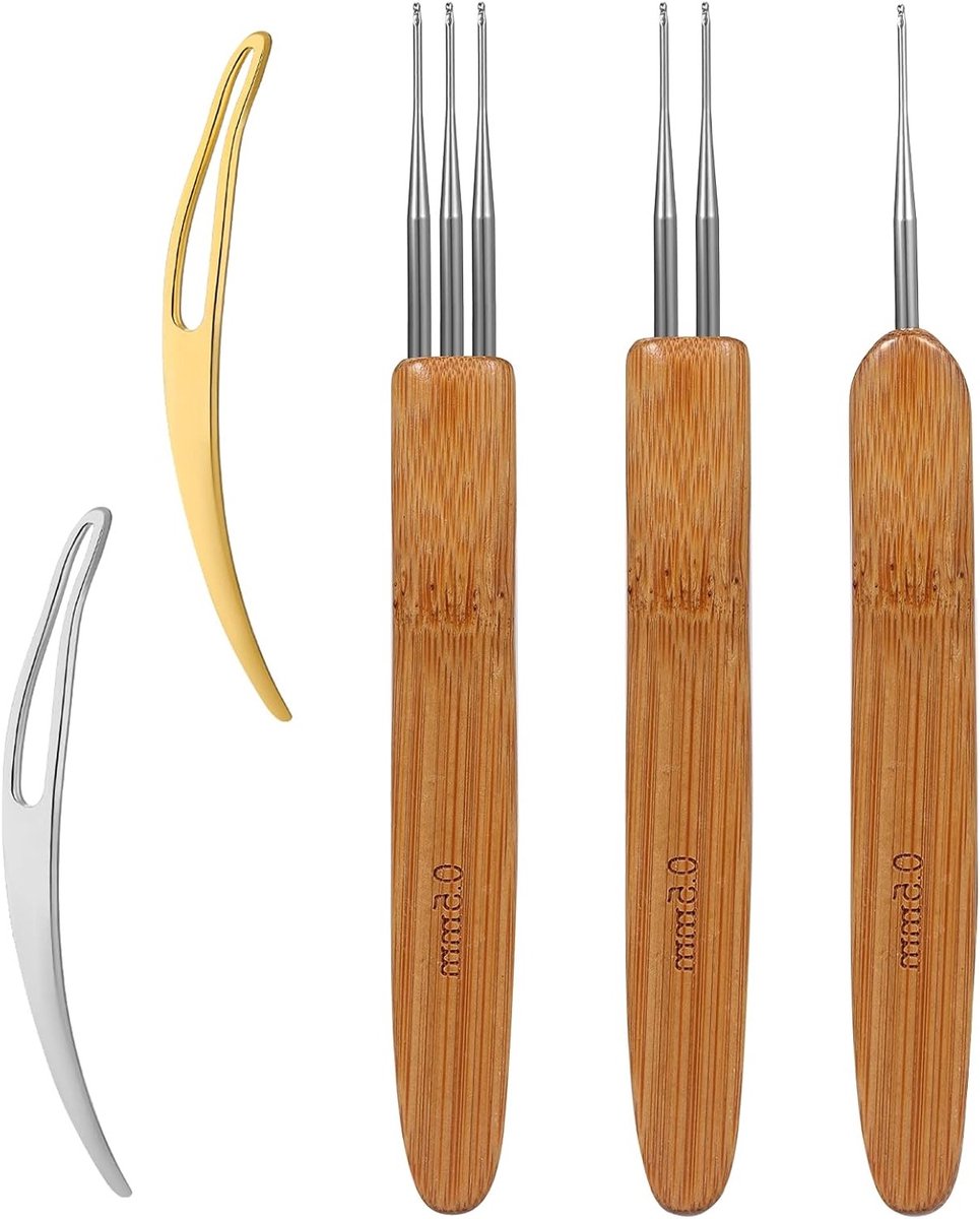 5 Dreadlock Haaknaalden en 2 Haar Locking Tools voor DIY Vlechten en Dreadlocks (0.5mm)