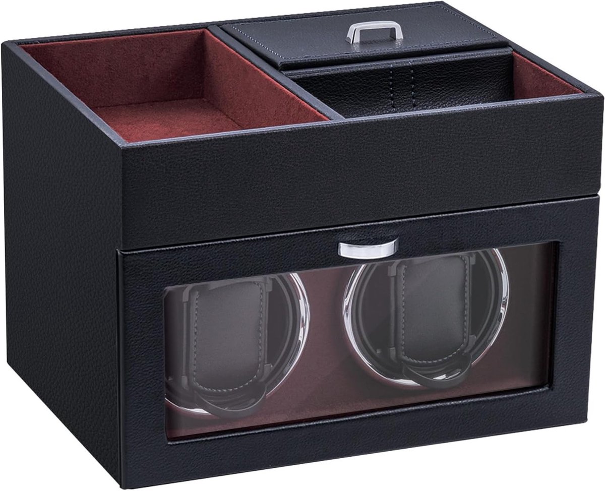 Multi-functionele Horloge Winder voor 2 Horloges, Automatische Horloge Display, LED Verlichting en Stille Motor, Luxe Sieradenopbergdoos in Wijnrood