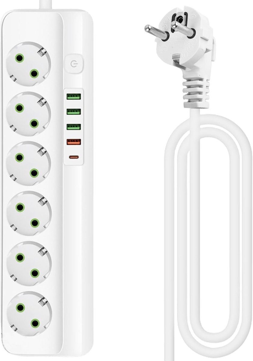 6-Weg Stekkerdoos met 4 USB Oplaadpoorten en 1 Type PE-C, Wandmontage, 2 m Kabel voor Thuis en Kantoor, Meerdere Stopcontacten, Veiligheidsschakelaar, Energiebeheer