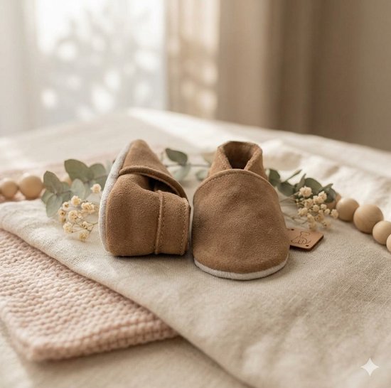 Foto: Stabifoot babyslofjes zacht leer cadeaudoos linnen zakje barefoot taupe 6 12
