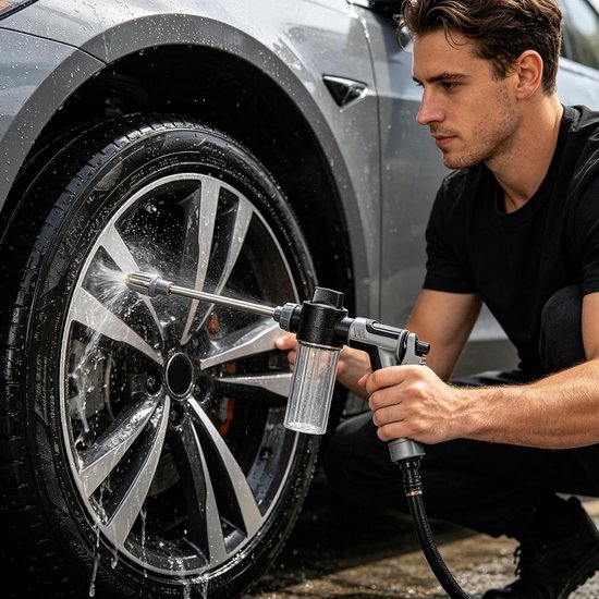 Hogedrukreiniger | Draagbaar, zwaar uitgevoerd met snelkoppeling | Inclusief schuimfles voor het wassen van auto's, terrassen, tuinreiniging, besproeien en detailreiniging.
