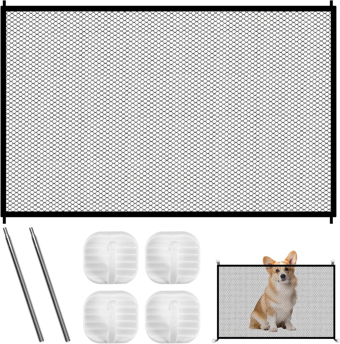 Veiligheidshekje voor Trappen zonder Boren 110 x 72 cm met 4 Plakhaakjes en 2 Uitschuifbare Stokken, Bescherming voor Deuren, Terras en Binnen- en Buitengebruik