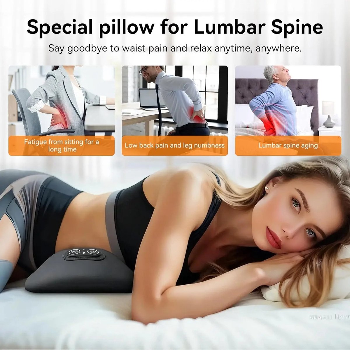 Ergonomische 3-in-1 rugmassager - Elektrische lendenmassage met warmte, vibratie, tractie en lendensteunkussen voor diepe rugmassage en ontspanning, geschikt voor bed en stoel. – foto 2