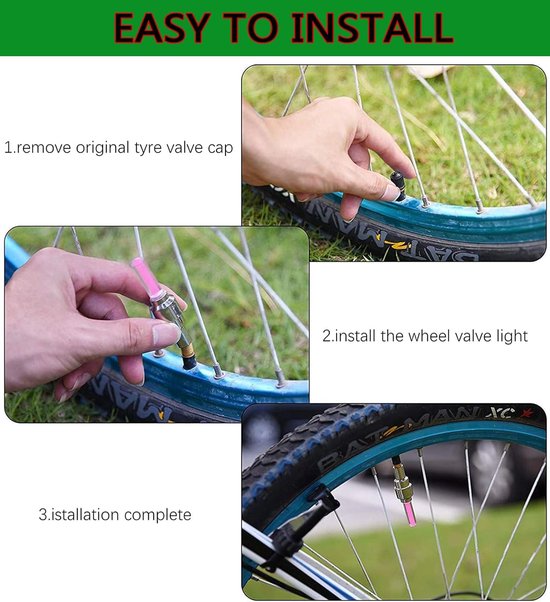 Daity Set van 4 stuks - LED-lichtstaafjes voor fietswielen - ventieldopjes voor autobanden - knipperende reflectoren voor fiets- en motorbanden (groen) — afbeelding 3