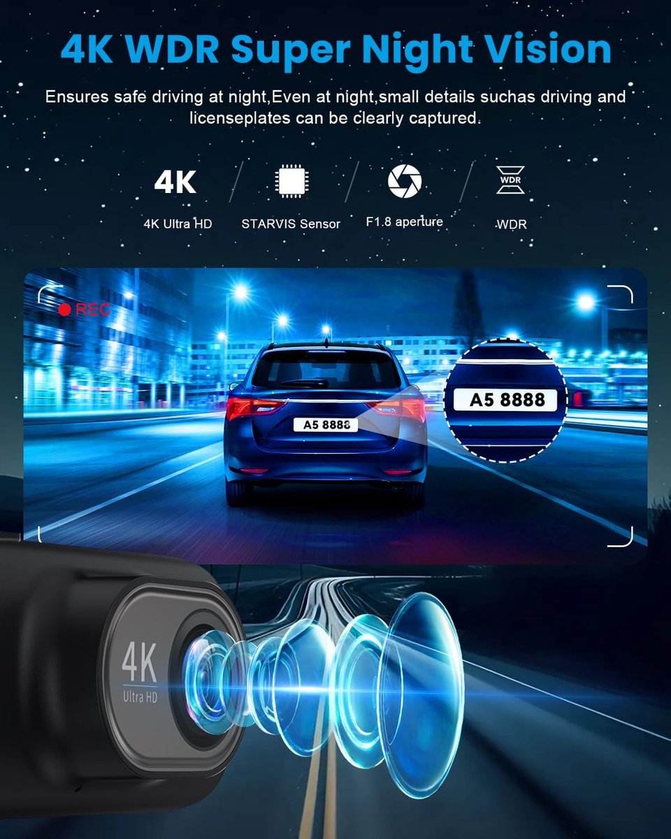 Dashcam - Dashcam voor auto - Dashcam 4K Voorzijde - Ultra HD - Mini Autocamera - APP Bediening - Ingebouwde Wi-Fi & G-sensor - 24-uurs Parkeermodus, Nachtzicht, WDR, Loopopname, Ondersteuning voor maximaal 256 GB – foto 2