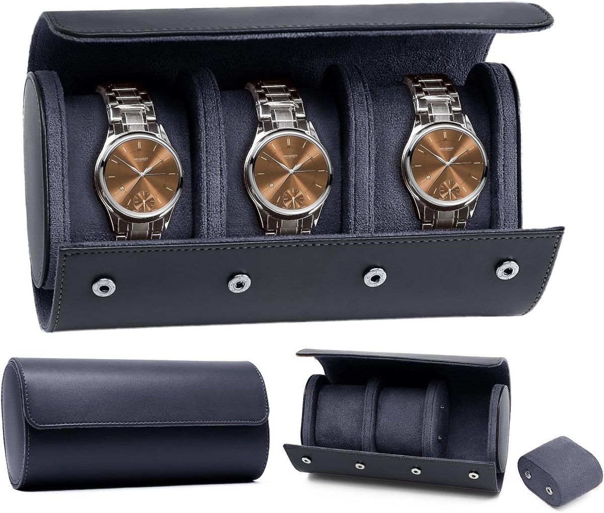 Elegante Horloge Box voor 3 Horloges met Ruimte voor Sieraden - Perfect Cadeau voor Reizen en Organisatie in Blauw