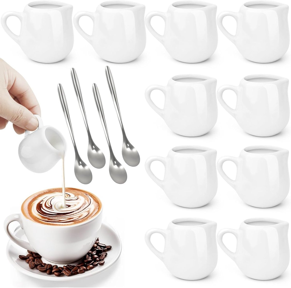 Mini Melkkannetjes Porselein Wit 50ml - Set van 10 Kleine Melkkannen met Oortje en 4 Koffielepels voor Koffie, Ontbijt en Room