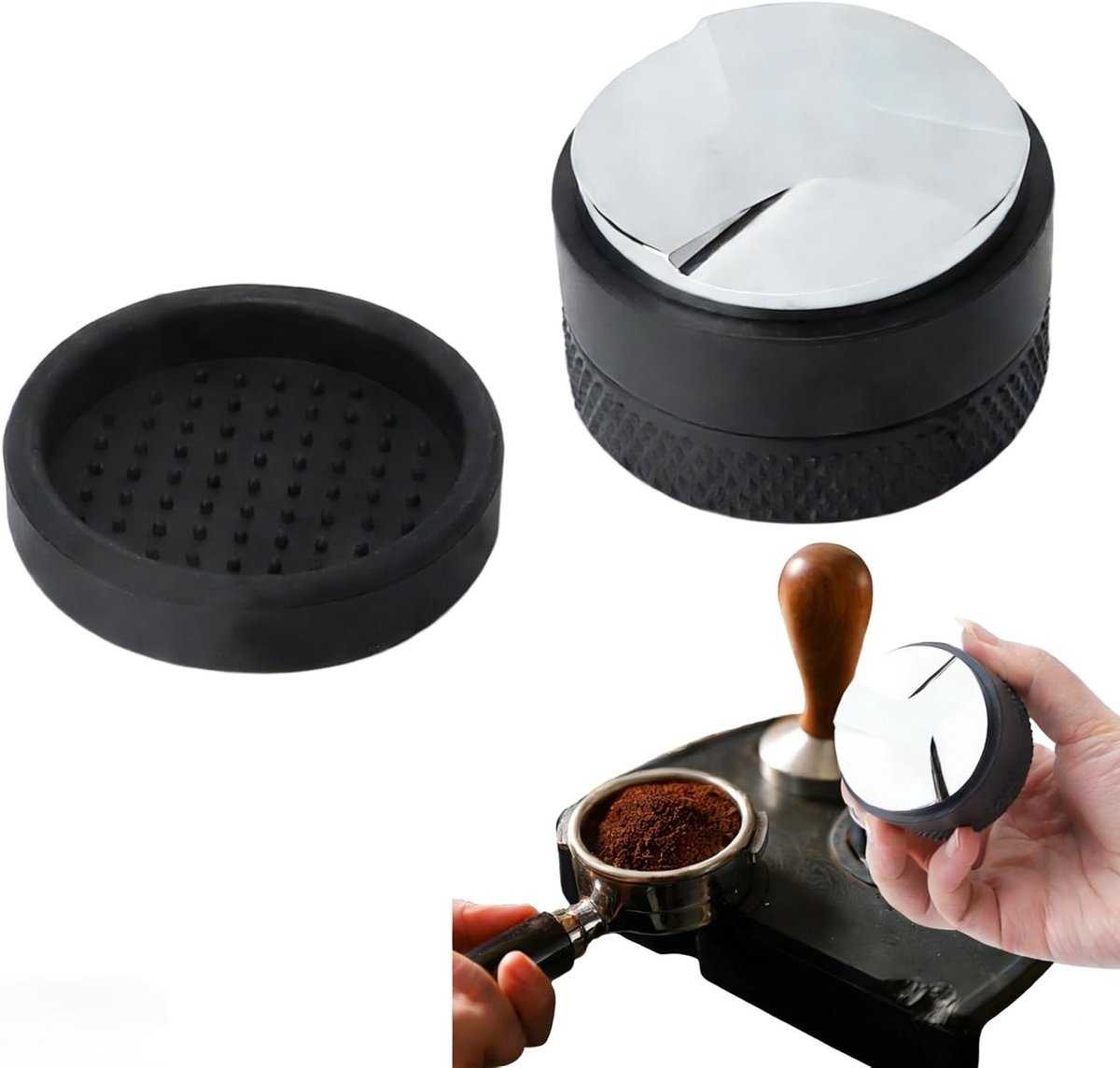 Koffiedistributeur 53 mm met borstel en siliconenmat voor perfecte espresso, koffie leveler en tamping tool voor 54 mm koffiezeefhouder