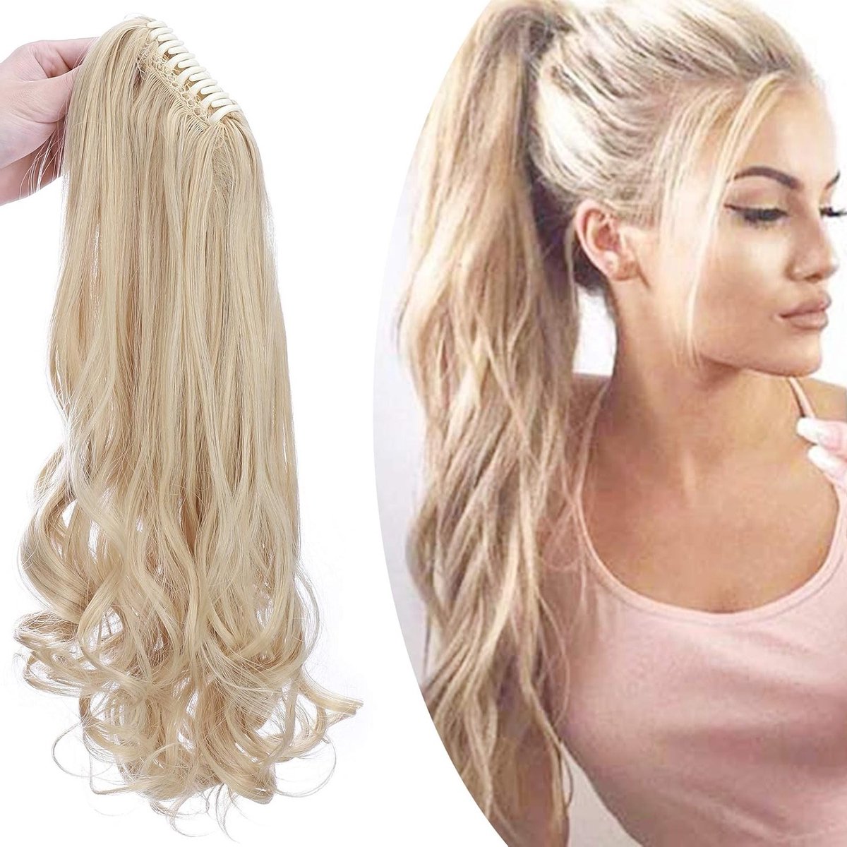 Ponytail Braid met Clip Haarstuk - Heat Resistant Haarextensions, 45 cm, Goudmix, Bleach Blonde, Natuurlijk Uiterlijk, Recht en Golvend