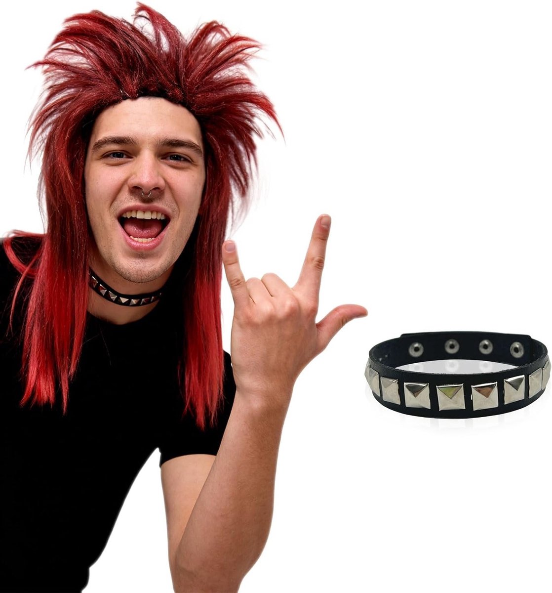 Langdurige Hippie Punk Rock Ster Halloween Party Peruk en Choker Set voor Volwassenen, Geschikt voor 70s, 80s en 90s Feestjes met Synthetisch Haar in Rood