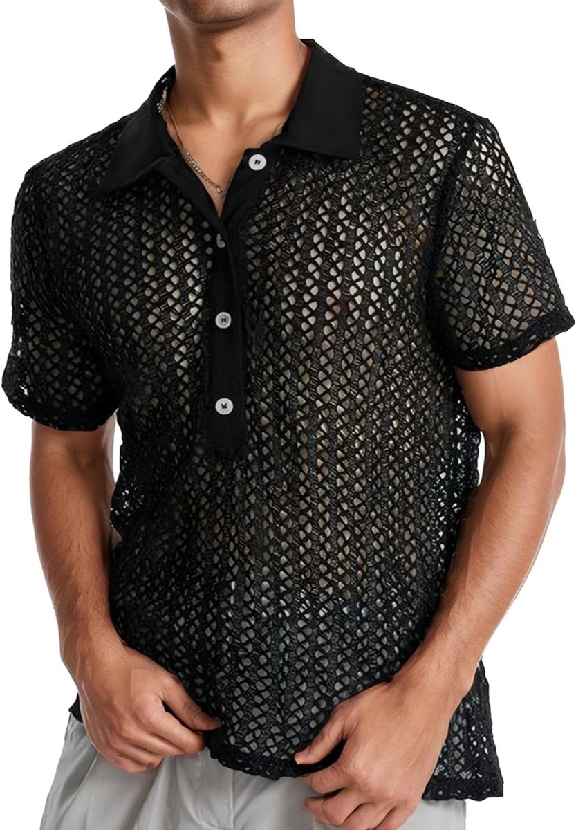 Transparante Mesh T-shirt voor Mannen met Zakjes - Ideaal voor Disco en Zomeroutfits