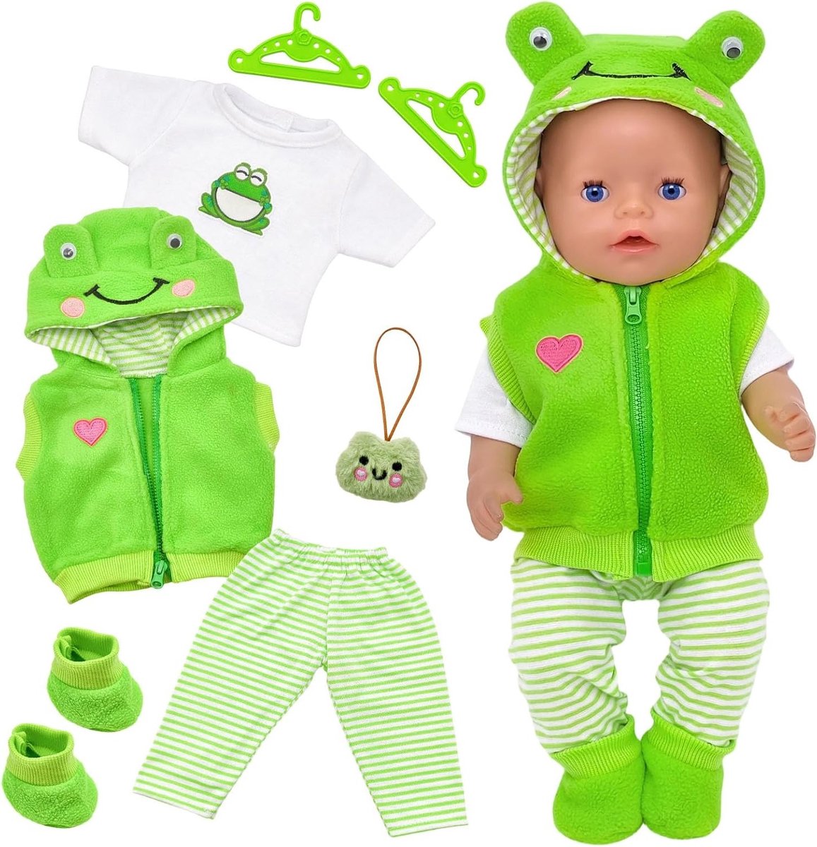 Kleding voor Baby Poppen 43 cm, 7-delige Outfit met Vest, Top, Broek, Sokken en Hangers - Geschikt voor 14-18 Inch Poppen met Kikker Motief