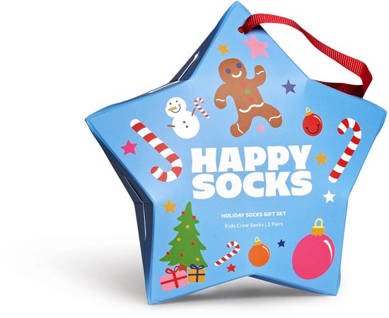Stervormige geschenkdoos van Happy Socks met kerstdecoraties en een gingerbread man.