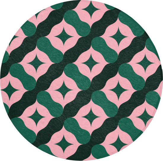 Geïsoleerde ronde badmat met een roze-groen retro sterrenpatroon.