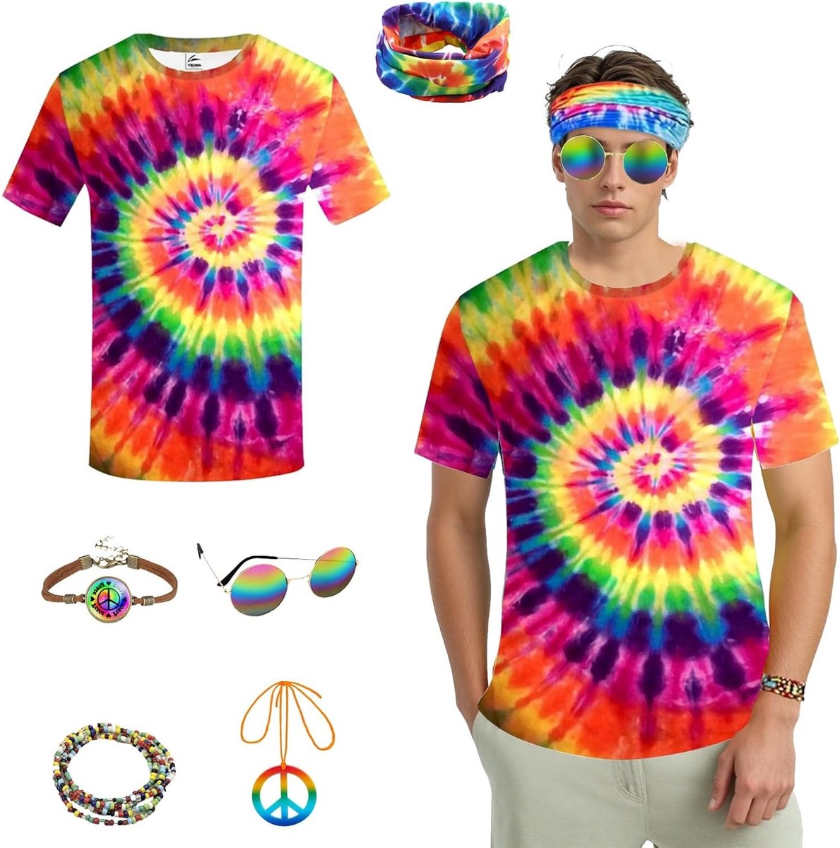 Set van 6 heren hippie kostuums uit de jaren '80 met kleurrijk T-shirt, peace ketting, hippie zonnebril, hoofdband, armband en ketting voor feestelijke gelegenheden en themafeesten.
