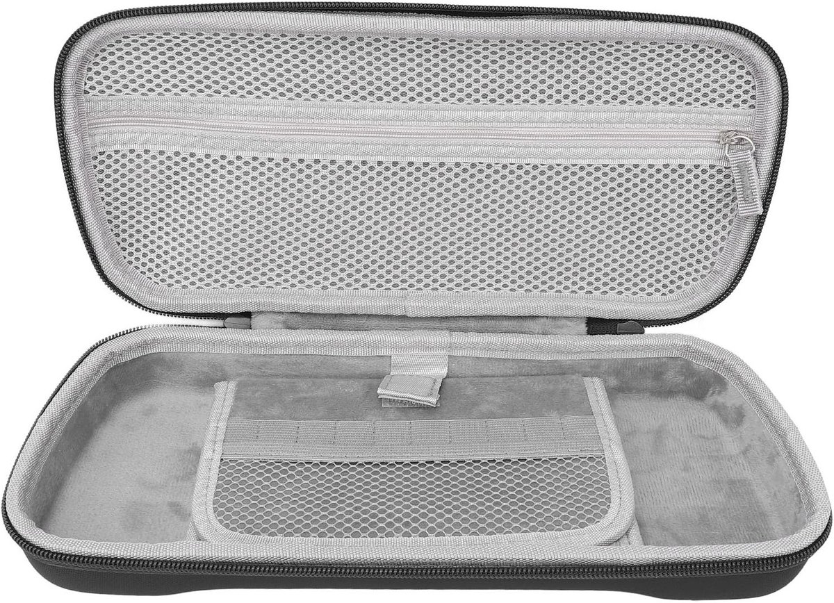 Draagbare harde opbergtas voor console en accessoires met vakken en kaartopslag, geschikt voor gaming en bescherming
