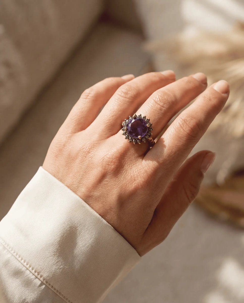 Dorvina Bronzen Sieraad Authentiek Eflatun Kristal Steen Rond Kesim Kroon Model Verstelbaar Vintage Dames Ring