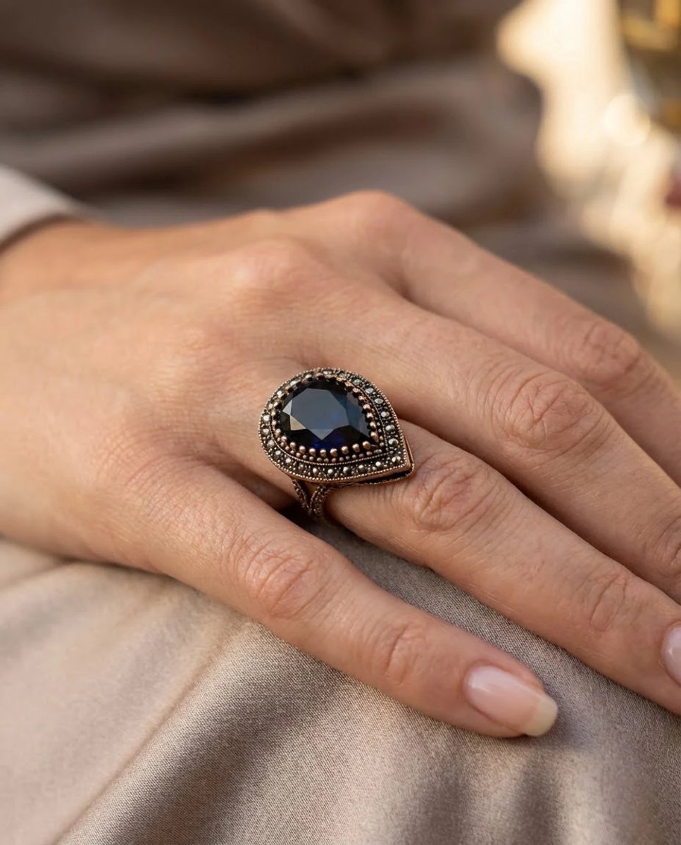 Dorvina Bronzen Sieraad Authentiek Lacivert Kristallen Steen Damla Hurrem Model Verstelbaar Vintage Dames Ring