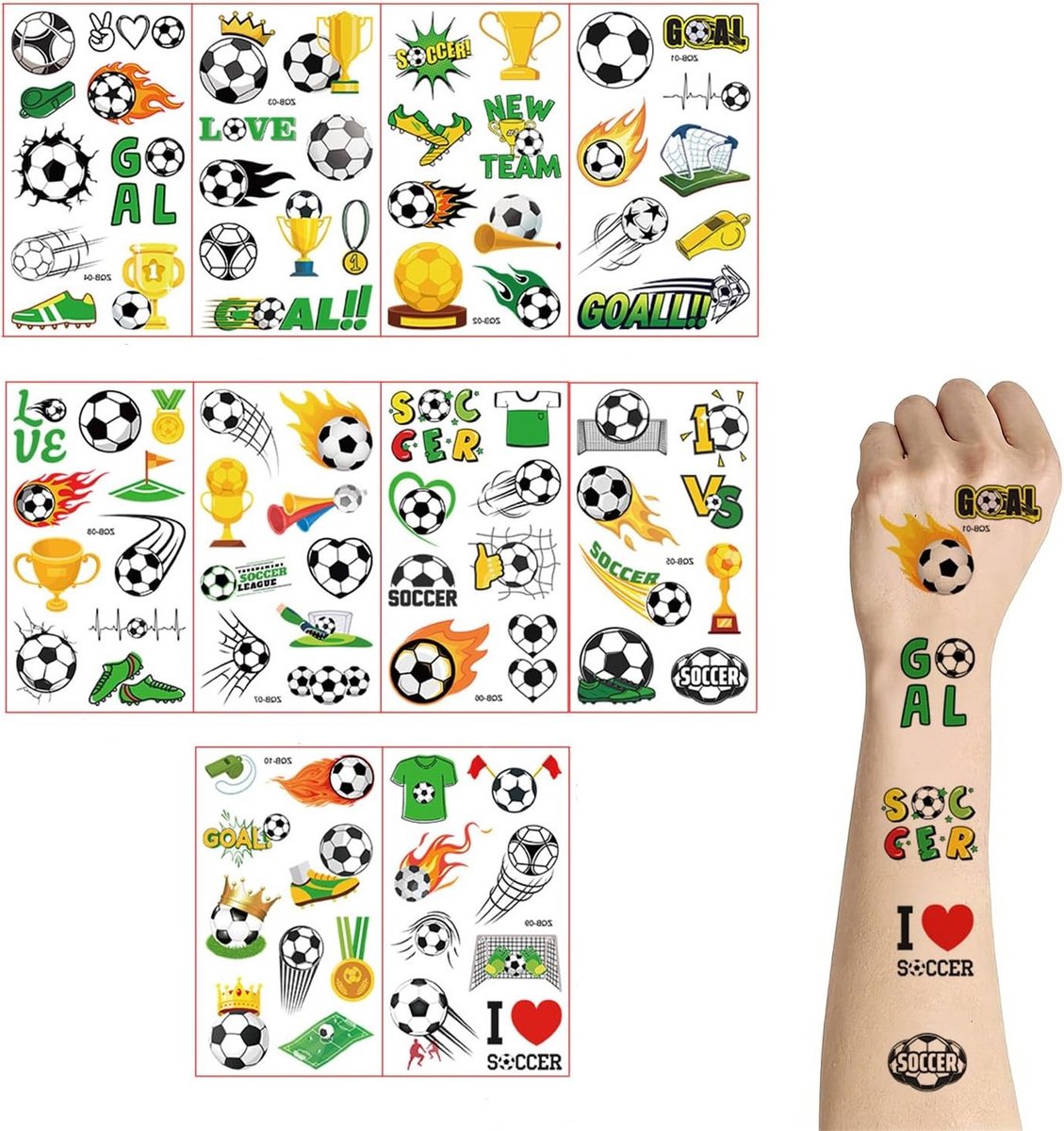 Voetbaltattoos voor kinderen - 10 vellen met tijdelijke tatoeages, perfect als verjaardagscadeau en voor voetbalfeestjes