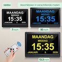 Digitale klokken in maten van 7, 10 en 13,3 inch, verkrijgbaar in zwart, blauw en geel.