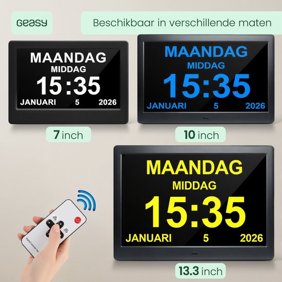 Digitale klokken in maten van 7, 10 en 13,3 inch, verkrijgbaar in zwart, blauw en geel.