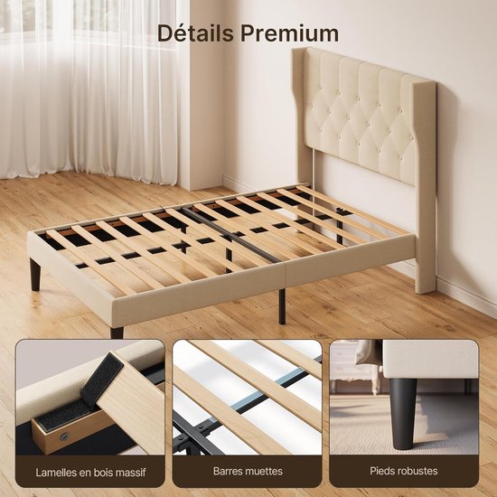 Gestoffeerd Bedframe 120x200 cm met Hoofdeinde en Lattenbodem – Beige Design Bed met Opbergruimte Onder het Bed, Inclusief Kussens, Stabiel Metalen Frame tot 275 kg – Laura