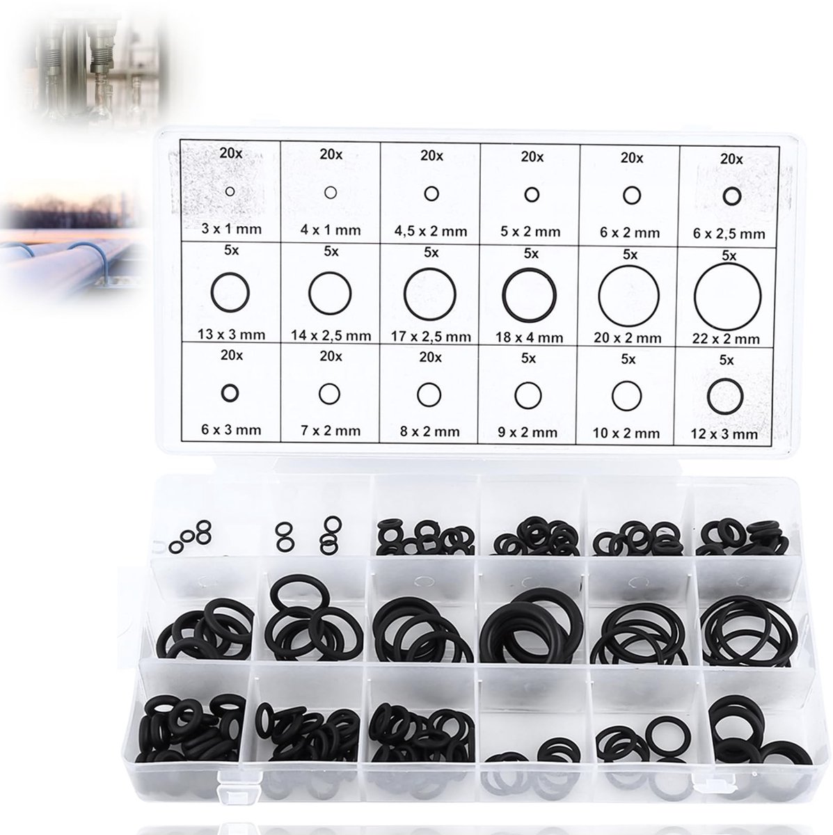 Dailygoods- O-ringen Set 225 Stuks - Rubber Afdichting - Afdichtingsassortiment - Hogedrukreiniger - Wasmachine - Doosgrootte 20,5x10,1x3cm - Afdichtingen