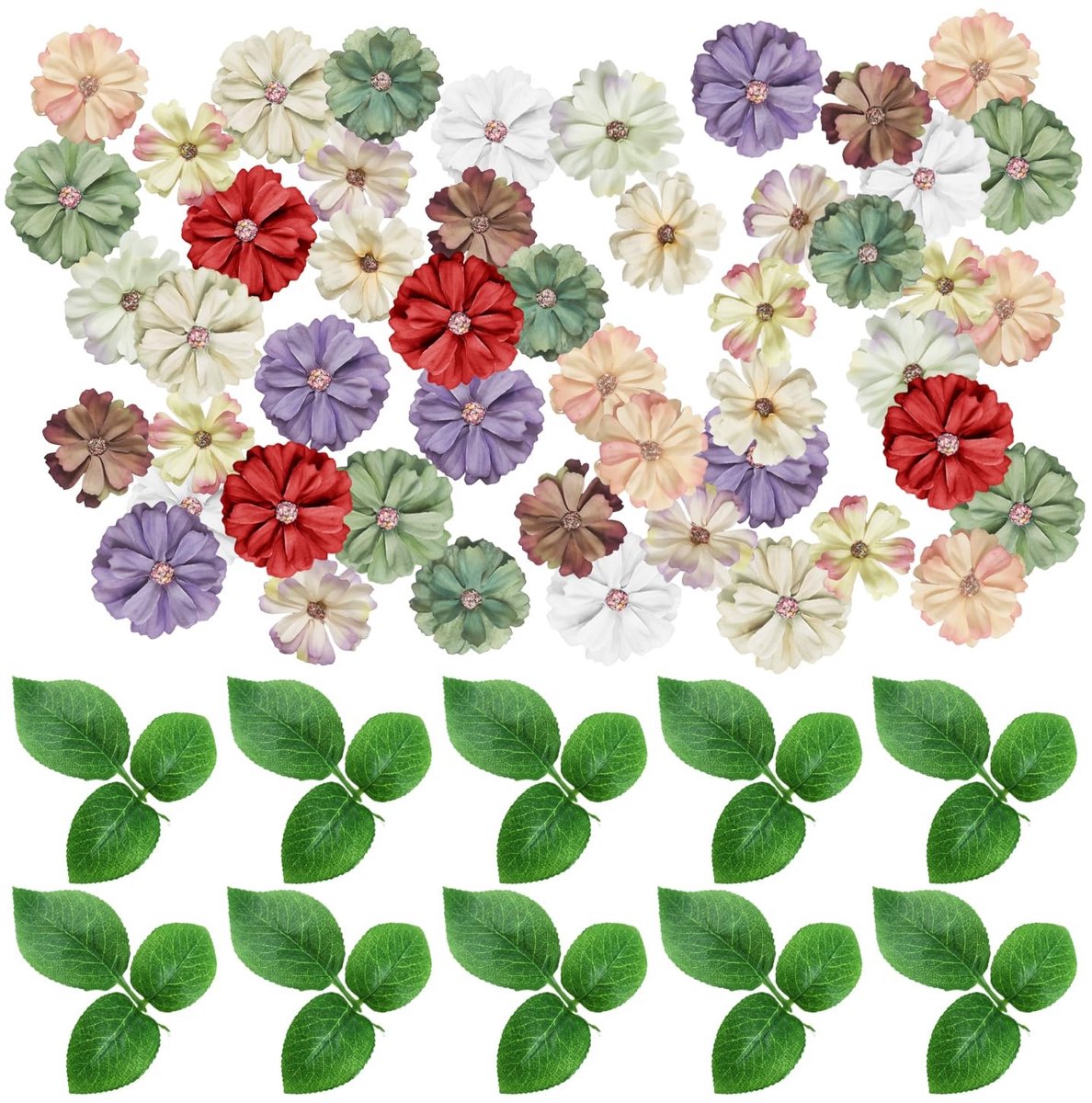 Dailygoods- Kunstbloemen 50 stuks - Zijden Bloemen - Bladeren 10 stuks - Veelkleurig - Lichtgewicht - Geschikt voor Decoratie - Nep Bloemen