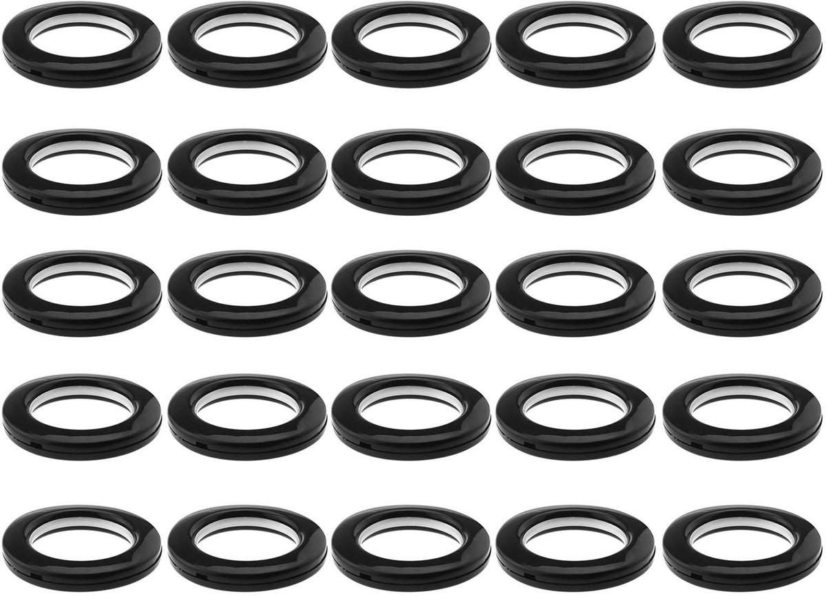 Dailygoods- Gordijnringen met Oogje 25 Stuks - Zwart - Kunststof - Binnendiameter 4,2 cm - Buitendiameter 7 cm - Geluidsdemperring