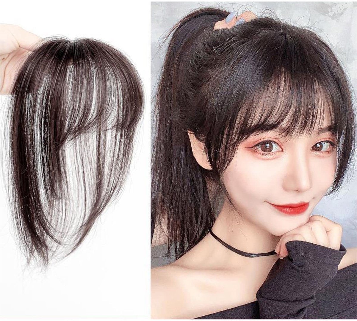 Dailygoods- Clip-in Pony Lichtgewicht - Franse Ponypruik - Synthetisch Haar - Donkerbruin - 25 cm - Geschikt voor Alle Gezichtsvormen - Haarpiece