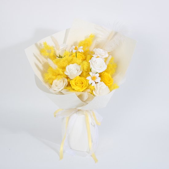 La Roselle Amsterdam Geel-Wit Kunstrozen Boeket met Margrieten en rozen en Pampasgras - Zomer bloemen boeket