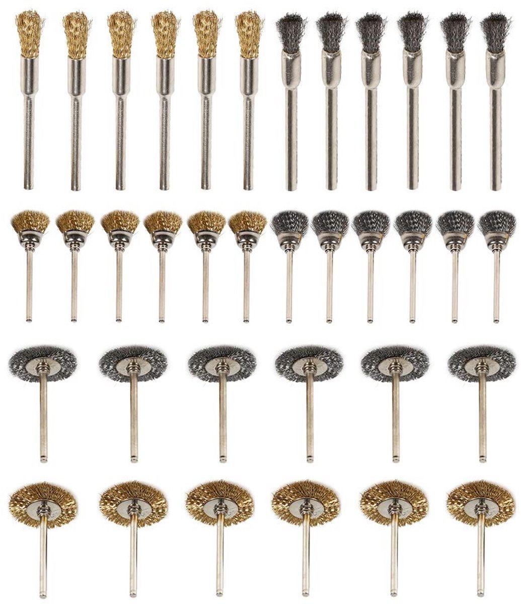 Dailygoods- Borstelset 36 Stuks - Borstelset Boormachine - Koper/Roestvrij Staal - Draadborstels - Polijsten/Reinigen - Geschikt voor Rotary Tools - Staalborstel