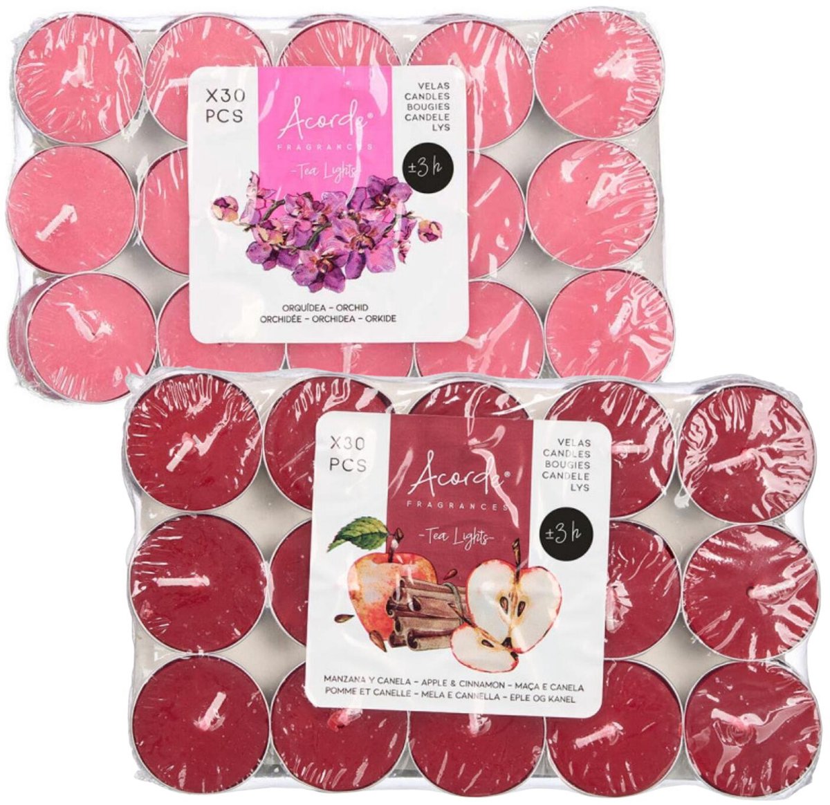 Atmosphera Acorde theelichtjes - 60x - 30x orchidee - 30x appel/kaneel - aroma/geurkaarsen Steenrood