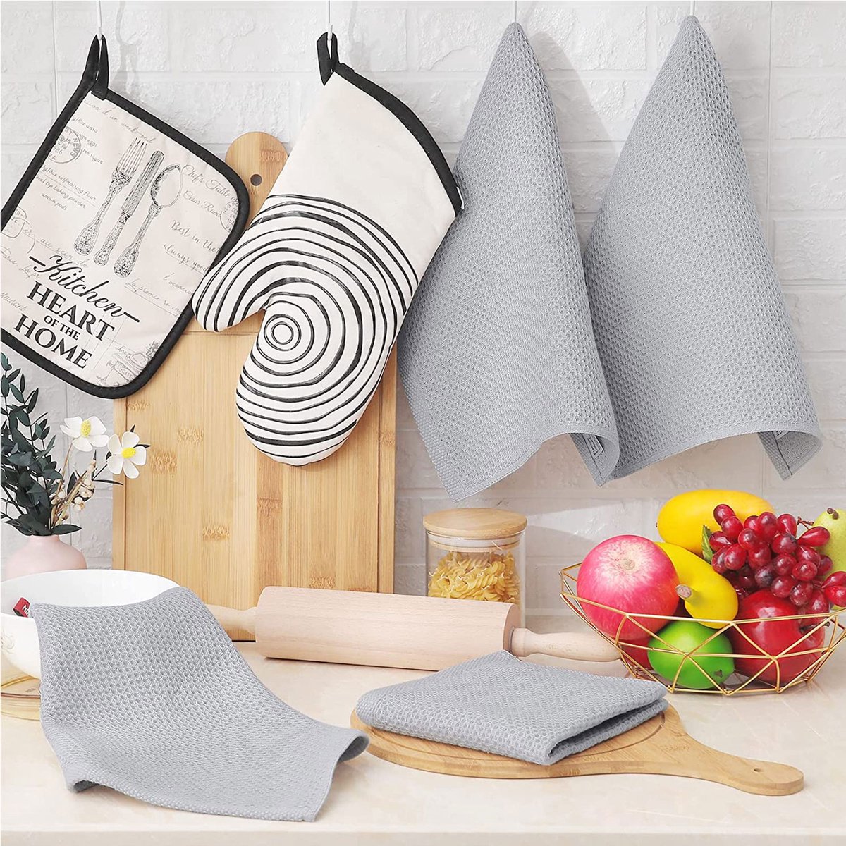 STILVORA Keukendoekenset – Hoog Absorberend Wafelstructuur – 34 X 34 Cm En 34 X 73 Cm – Katoen – Lichtgrijs – Sneldrogend Voor Afdrogen En Schoonmaken