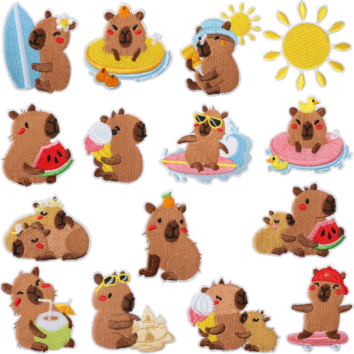 Namajunas - 15 stuks strijk embleem - Zomer zwembad capibara strijkpatches - Strijkapplicatie met dierenborduursel - Capybara borduurpakket - Opstrijkbare geborduurde patches voor kleding, tassen en stof – decoratieve versiering - DIY accessoires