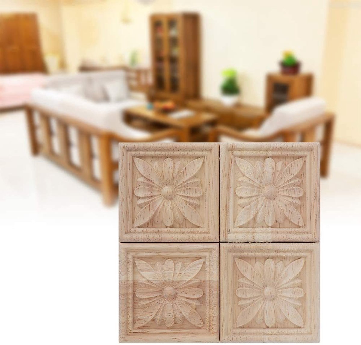 Dailygoods- Hout Appliques 4 Stuks - Decoratieve Houten Meubelapplicaties - Vierkante Bloem Carving - Retro Sfeer - 6x6 cm - Hoogwaardige Afwerking - Decoratieve Houten Elementen