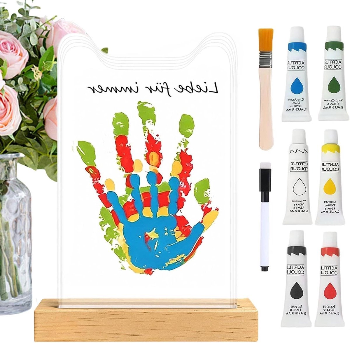Handafdrukset,Transparant Acryl Voetafdruk Kunst Souvenir | met Houten Basis Hand- en Voetafdruk Set | voor Huisdier Moeder Jongen Meisje Kinderen Haar Vrouw Echtgenoot Oma Bruiloft Verjaardag