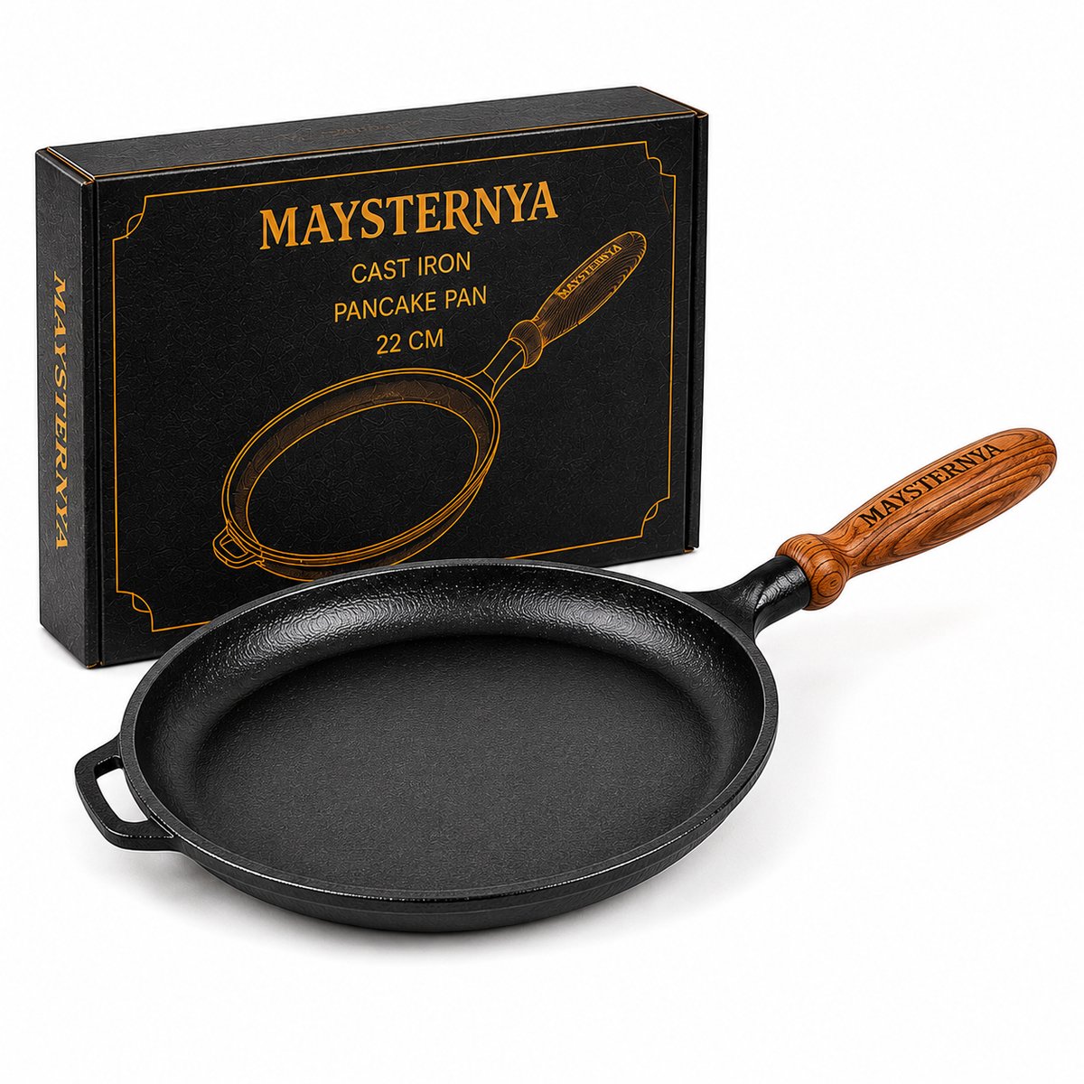 MAYSTERNYA Gietijzeren Pannenkoekenpan 22 cm – Crêpe Pan & Pancake Pan – Geschikt voor Inductie & Alle Warmtebronnen – PFAS-vrij Gietijzer – Flensjespan – Crêpepan / Koekenpan met Houten Handvat – Cadeau voor Kookliefhebber – Mat Zwart