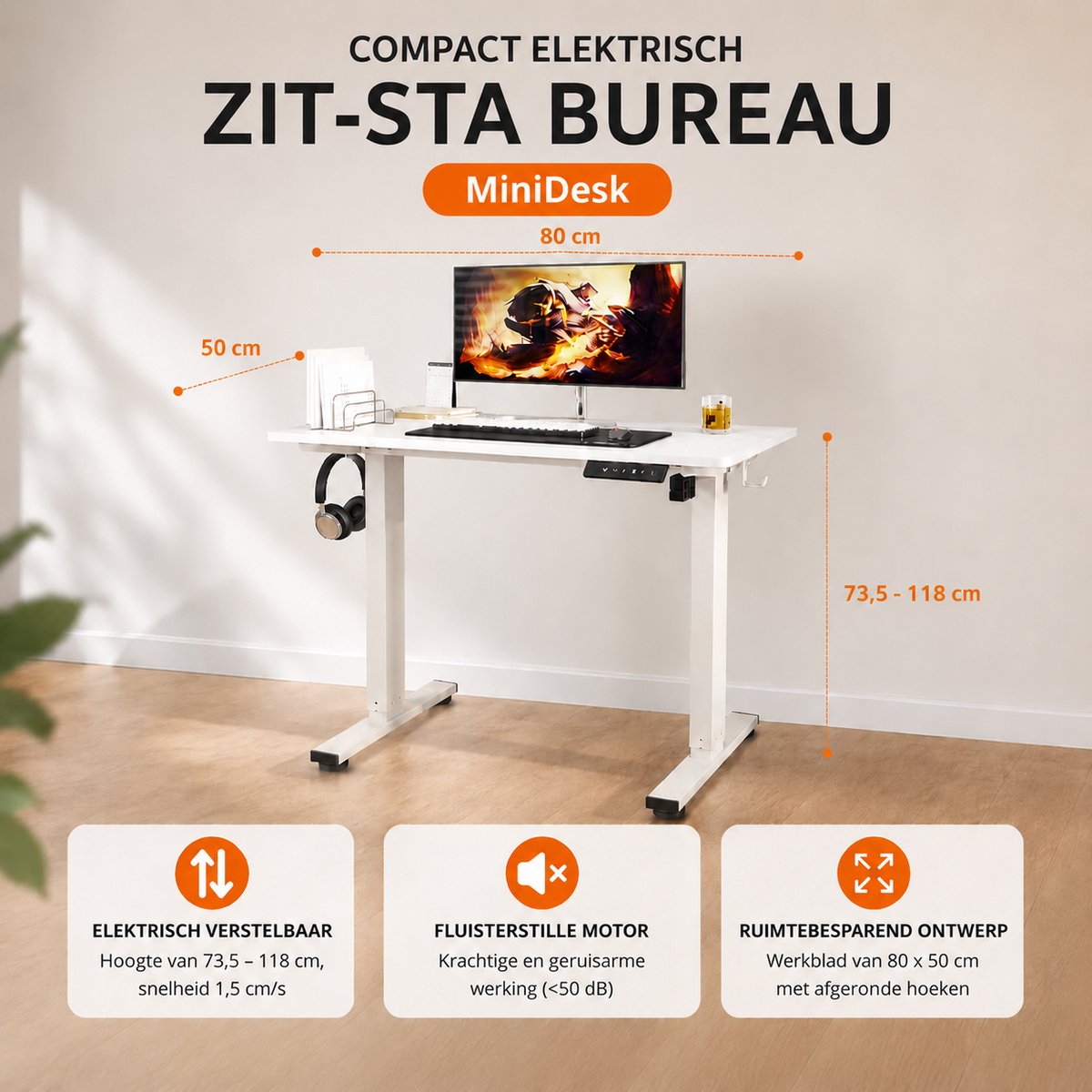 Worktrainer MiniDesk Elektrisch Zit-Sta Bureau Wit – Verstelbaar Bureau met Memoryfunctie – Ergonomisch Bureau voor Thuiswerken en Kantoor – 73-118 cm thumbnail 3